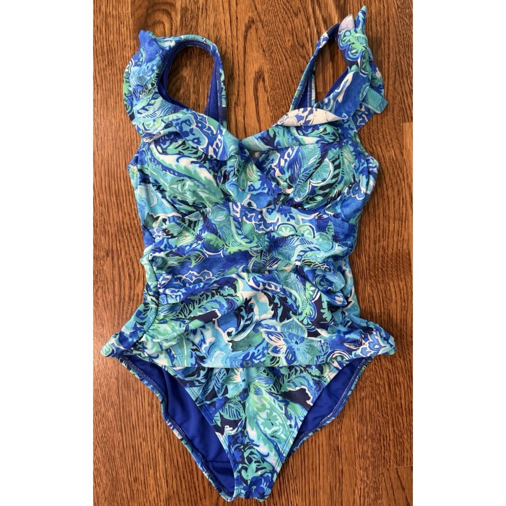 Lauren Ralph Lauren Blue Paisley Ruched Tummy Control One Piece Swimsuit No Tag